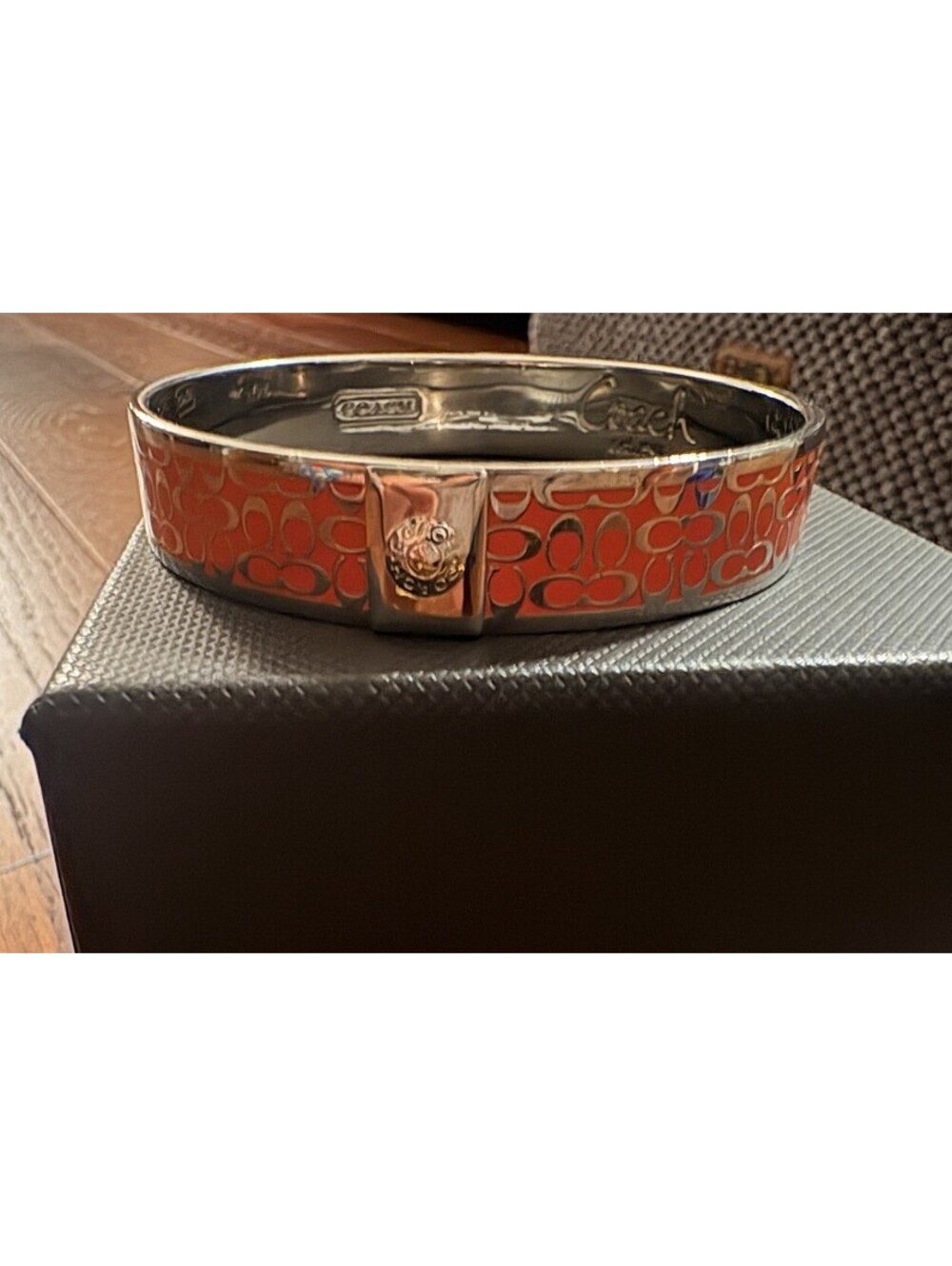 COACH Letter C LOGO Signature Orange / Red Enamel & Silver Tone Bangle Bracelet